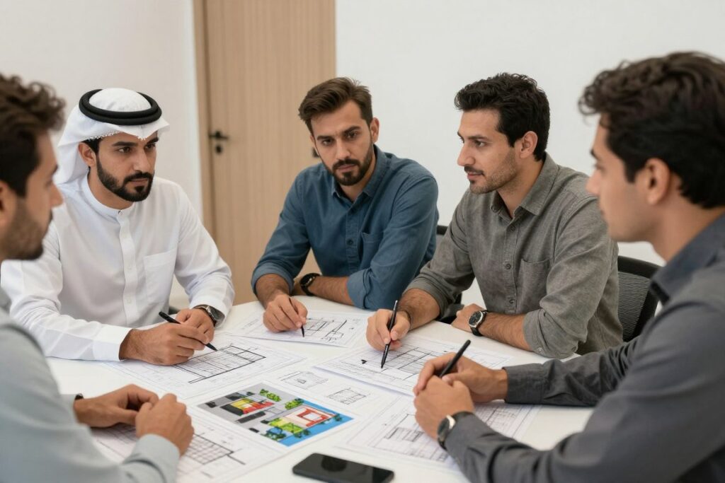فريق عمل الرحمة للمقاولات يناقش مخططات مشروع ديكور