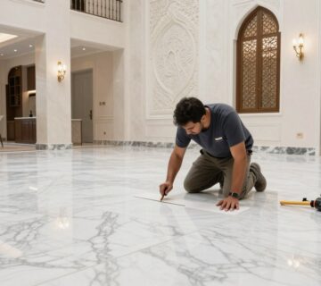 فني تركيب رخام الكويت يعمل على تركيب رخام فاخر في منزل حديث