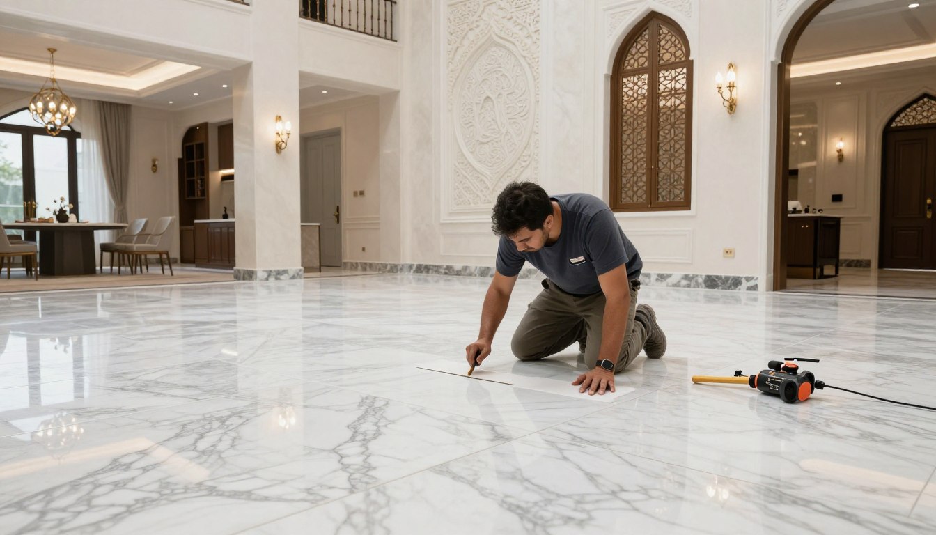 فني تركيب رخام الكويت يعمل على تركيب رخام فاخر في منزل حديث