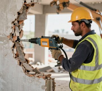 معلم تكسير بالكويت يعمل على تكسير جدار داخلي باستخدام معدات حديثة